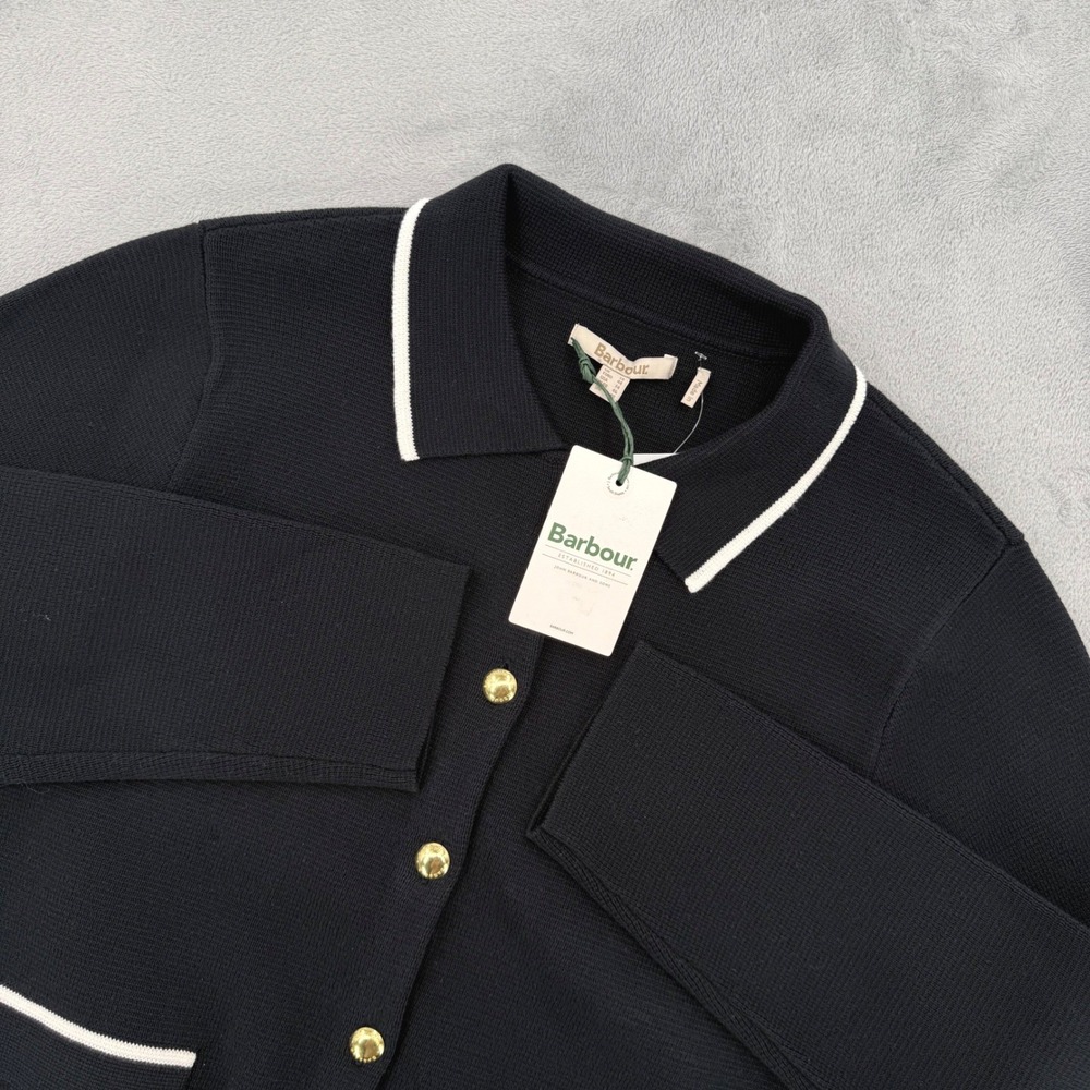 Barbour Colleen Knitted Cardigan Dark Navy White Trim Gold Buttons Women 14‎